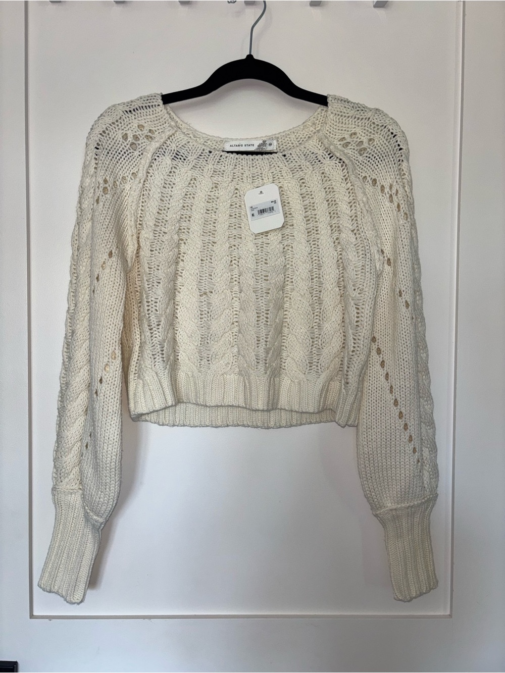 Altar'd State Cream Cable-Knit Cropped Scoop Sweater